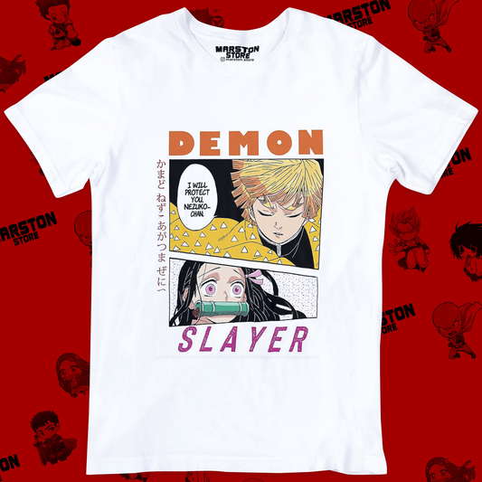 Polera blanca Kimetsu no Yaiba Demon Slayer con Nezuko Kamado y Zenitsu Agatsuma