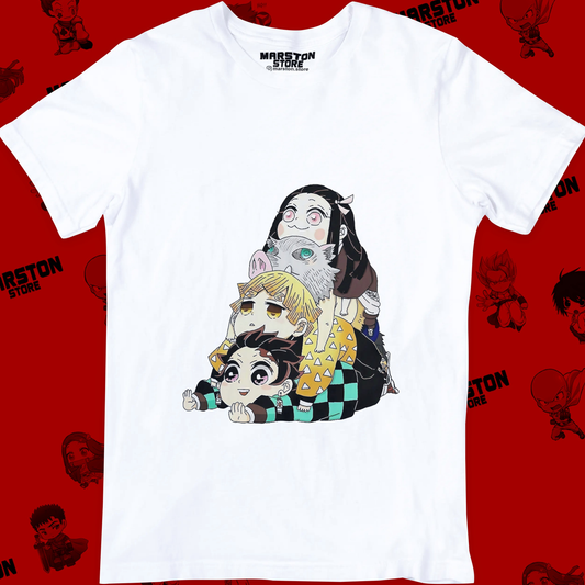 Polera blanca Kimetsu no Yaiba Demon Slayer con Nezuko Kamado, Tanjiro Kamado y Zenitsu Agatsuma