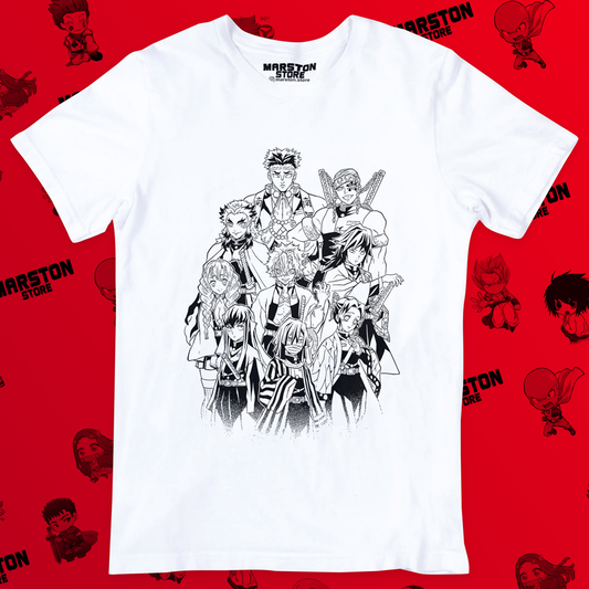 Polera blanca Kimetsu no Yaiba Demon Slayer con diseño de los Pilares Hashira