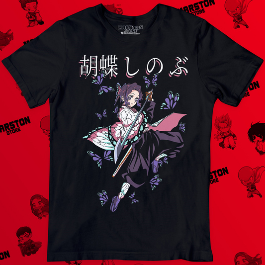 Polera negra Kimetsu no Yaiba Demon Slayer con diseño de Shinobu Kocho