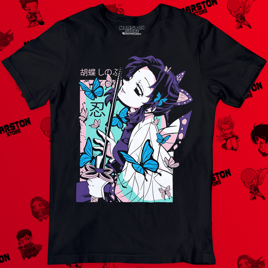 Polera negra Kimetsu no Yaiba Demon Slayer con diseño de Shinobu Kocho