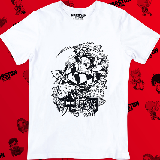 Polera blanca Kimetsu no Yaiba Demon Slayer con diseño de Tanjiro Kamado