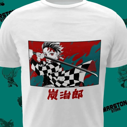 Polera blanca Kimetsu no Yaiba Demon Slayer con diseño de Tanjiro Kamado