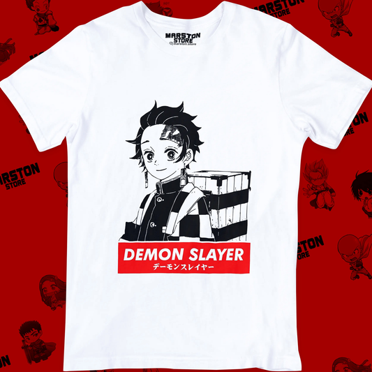 Polera blanca Kimetsu no Yaiba Demon Slayer con diseño de Tanjiro Kamado