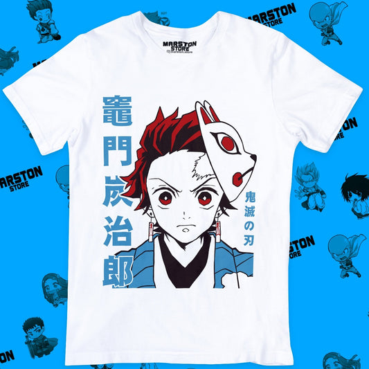 Polera blanca Kimetsu no Yaiba Demon Slayer con diseño de Tanjiro Kamado
