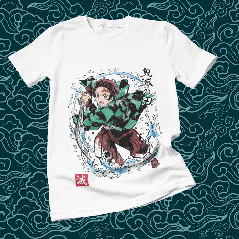 Polera blanca Kimetsu no Yaiba Demon Slayer con diseño de Tanjiro Kamado