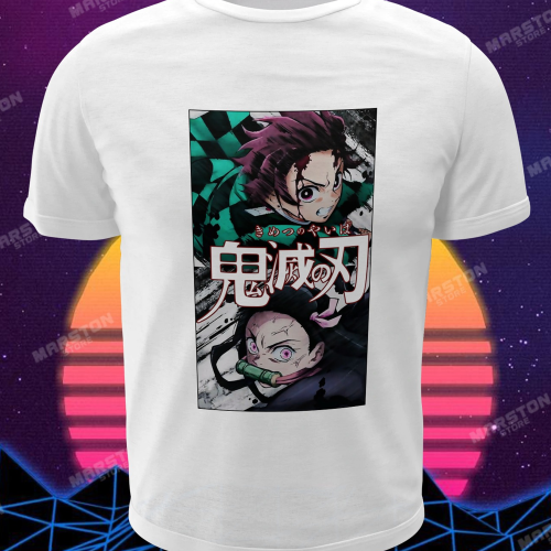 Polera blanca Kimetsu no Yaiba Demon Slayer con Tanjiro Kamado y Nezuko Kamado