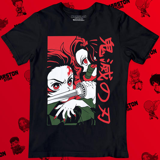 Polera negra Kimetsu no Yaiba Demon Slayer con Tanjiro Kamado y Nezuko Kamado