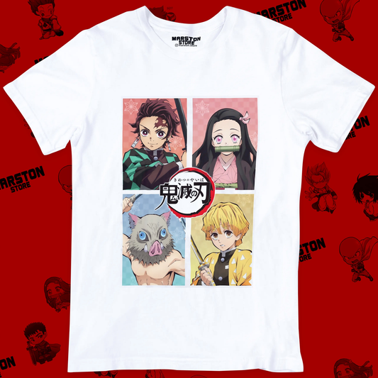 Polera blanca Kimetsu no Yaiba Demon Slayer con Tanjiro Kamado, Nezuko Kamado, Inosuke Hashibira y Zenitsu Agatsuma