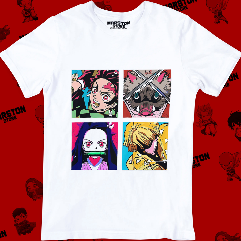 Polera blanca Kimetsu no Yaiba Demon Slayer con Tanjiro Kamado, Nezuko Kamado, Inosuke Hashibira y Zenitsu Agatsuma