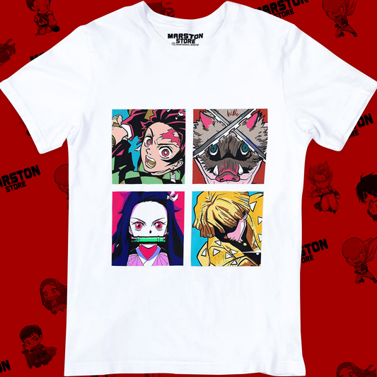 Polera blanca Kimetsu no Yaiba Demon Slayer con Tanjiro Kamado, Nezuko Kamado, Inosuke Hashibira y Zenitsu Agatsuma