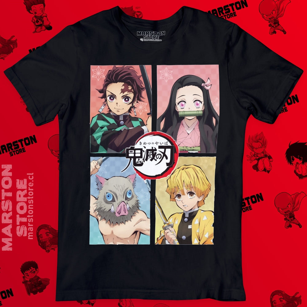 Polera negra Kimetsu no Yaiba Demon Slayer con Tanjiro Kamado, Nezuko Kamado, Inosuke Hashibira y Zenitsu Agatsuma
