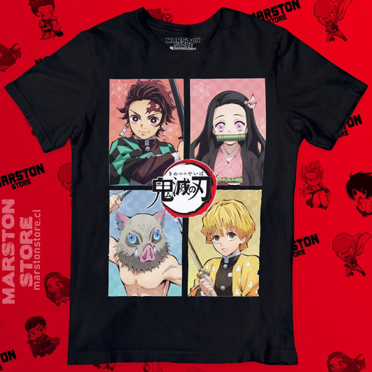 Polera negra Kimetsu no Yaiba Demon Slayer con Tanjiro Kamado, Nezuko Kamado, Inosuke Hashibira y Zenitsu Agatsuma