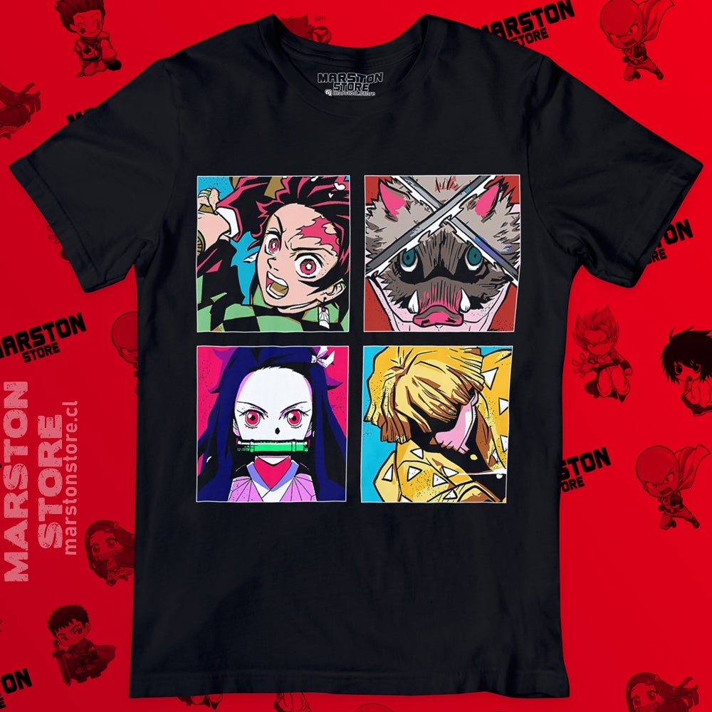 Polera negra Kimetsu no Yaiba Demon Slayer con Tanjiro Kamado, Nezuko Kamado, Inosuke Hashibira y Zenitsu Agatsuma