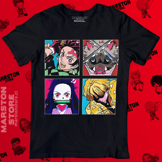 Polera negra Kimetsu no Yaiba Demon Slayer con Tanjiro Kamado, Nezuko Kamado, Inosuke Hashibira y Zenitsu Agatsuma