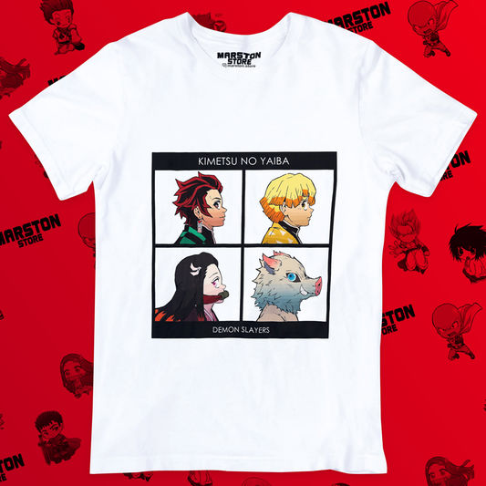 Polera blanca Kimetsu no Yaiba Demon Slayer con Tanjiro Kamado, Nezuko Kamado, Zenitsu Agatsuma e Inosuke Hashibira