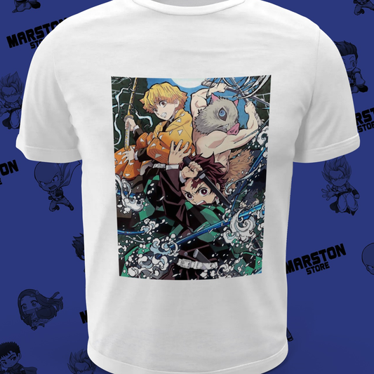 Polera blanca Kimetsu no Yaiba Demon Slayer con Tanjiro Kamado, Nezuko Kamado, Zenitsu Agatsuma e Inosuke Hashibira