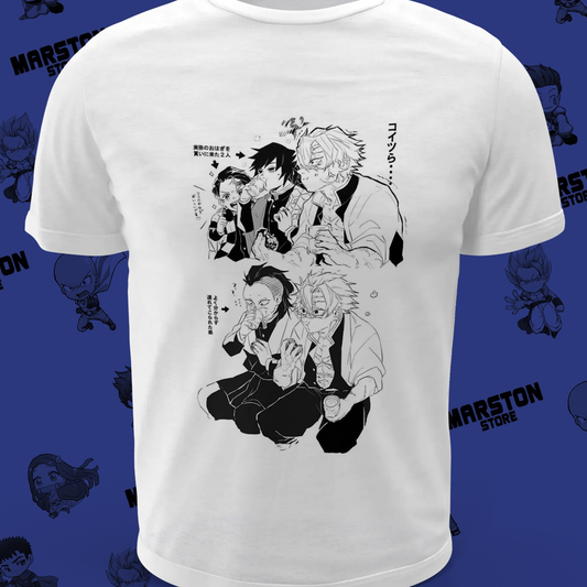 Polera blanca Kimetsu no Yaiba Demon Slayer con Tanjiro Kamado, Nezuko Kamado, Zenitsu Agatsuma e Inosuke Hashibira