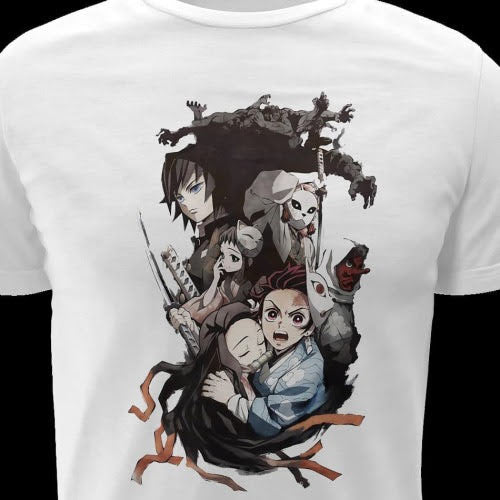 Polera blanca Kimetsu no Yaiba Demon Slayer con Tanjiro, Nezuko, Zenitsu, Inosuke y Giyu Tomioka