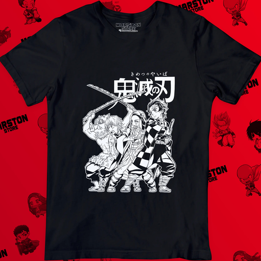 Polera negra Kimetsu no Yaiba Demon Slayer con Tanjiro Kamado, Nezuko Kamado, Zenitsu Agatsuma e Inosuke Hashibira