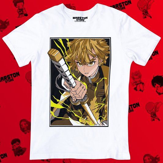 Polera blanca Kimetsu no Yaiba Demon Slayer con diseño de Zenitsu Agatsuma