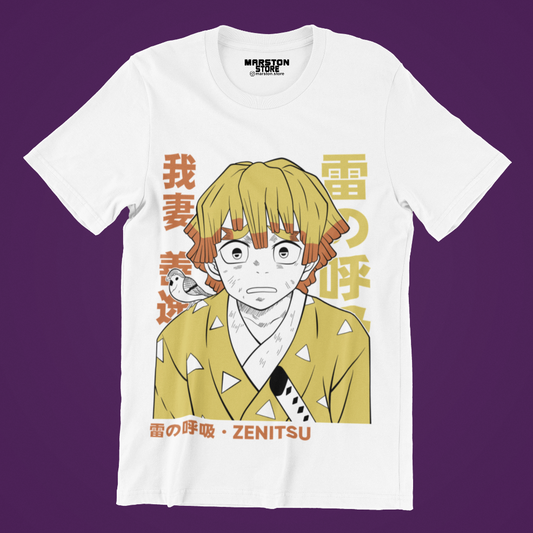 Polera blanca Kimetsu no Yaiba Demon Slayer con diseño de Zenitsu Agatsuma