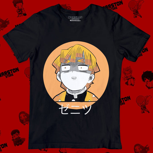 Polera negra Kimetsu no Yaiba Demon Slayer con diseño de Zenitsu Agatsuma
