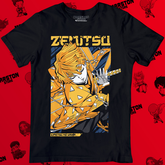 Polera negra Kimetsu no Yaiba Demon Slayer con diseño de Zenitsu Agatsuma