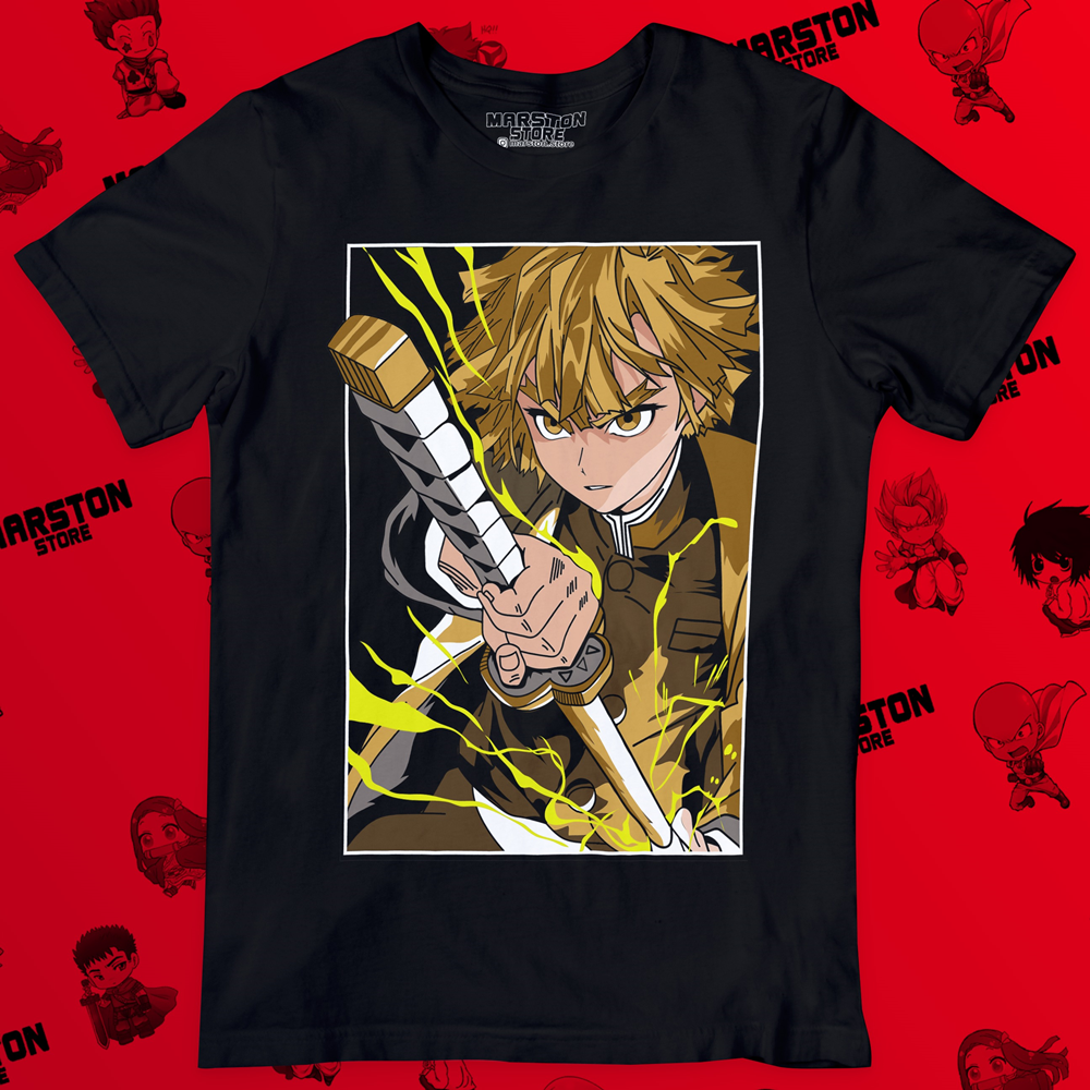 Polera negra Kimetsu no Yaiba Demon Slayer con diseño de Zenitsu Agatsuma