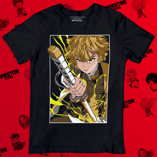 Polera negra Kimetsu no Yaiba Demon Slayer con diseño de Zenitsu Agatsuma