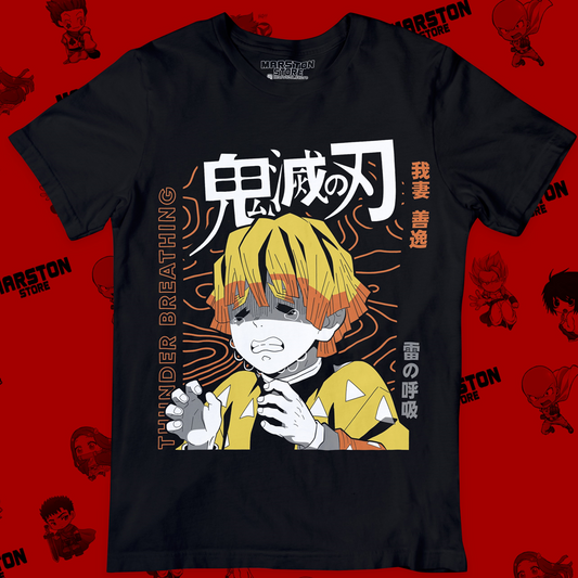 Polera negra Kimetsu no Yaiba Demon Slayer con diseño de Zenitsu Agatsuma