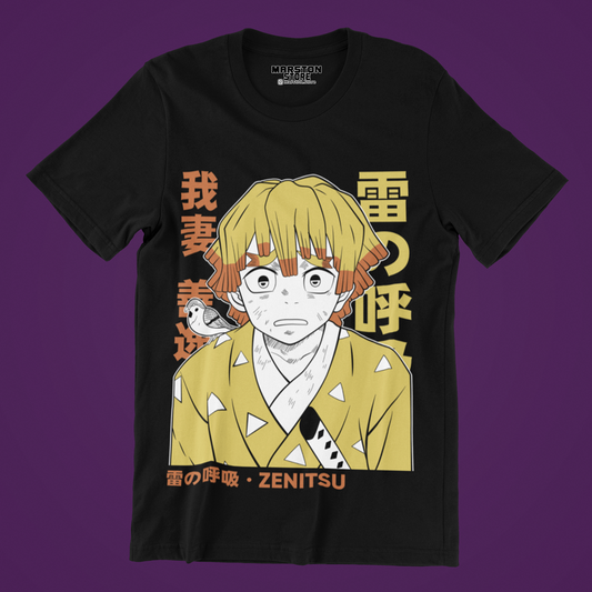 Polera negra Kimetsu no Yaiba Demon Slayer con diseño de Zenitsu Agatsuma