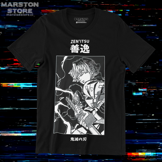Polera negra Kimetsu no Yaiba Demon Slayer con diseño de Zenitsu Agatsuma