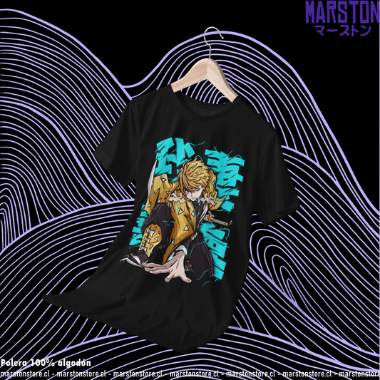Polera negra Kimetsu no Yaiba Demon Slayer con diseño de Zenitsu Agatsuma
