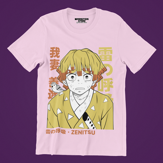 Polera rosada Kimetsu no Yaiba Demon Slayer con diseño de Zenitsu Agatsuma
