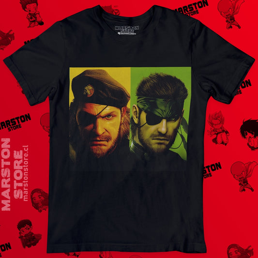Polera negra Metal Gear Solid con Big Boss y Solid Snake