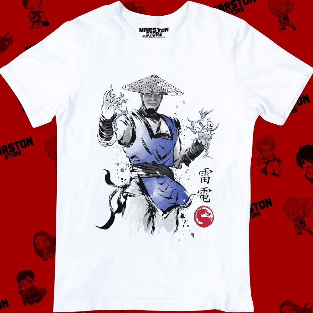 Polera blanca Mortal Kombat con diseño de Raiden