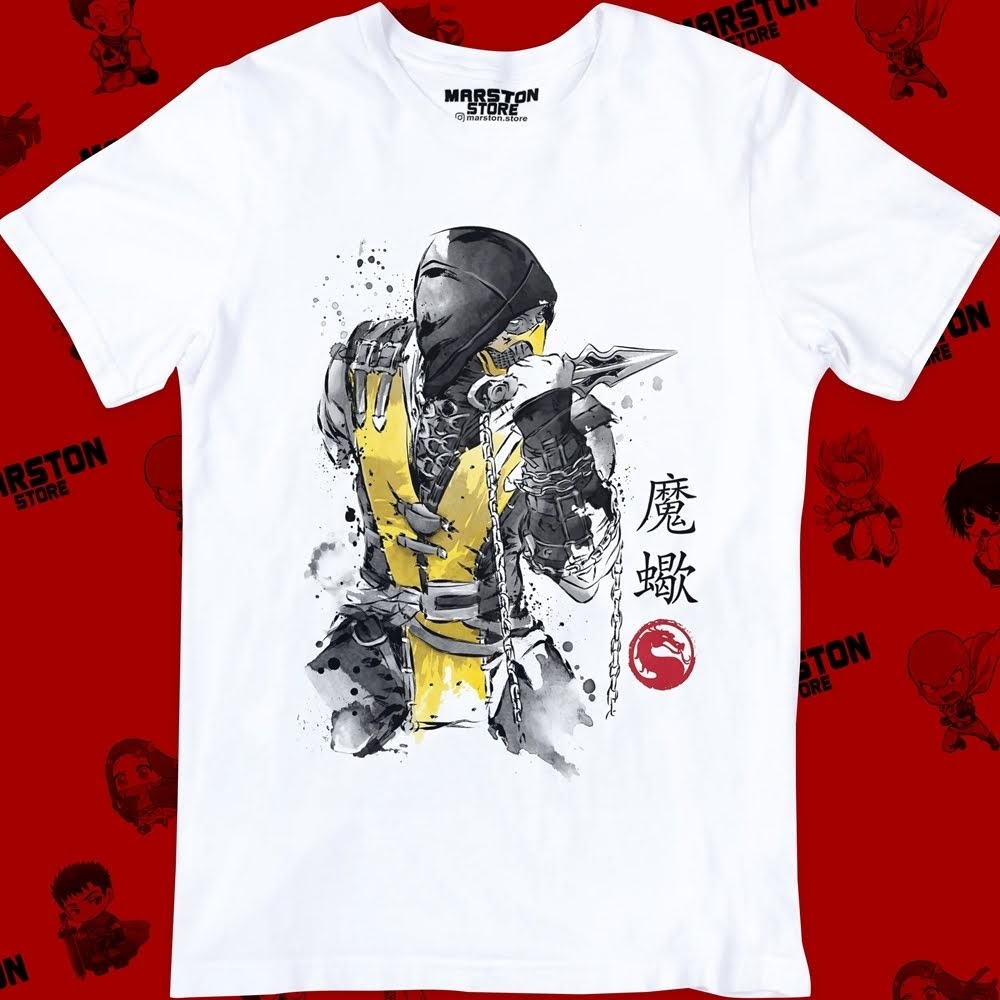 Polera blanca Mortal Kombat con diseño de Scorpion