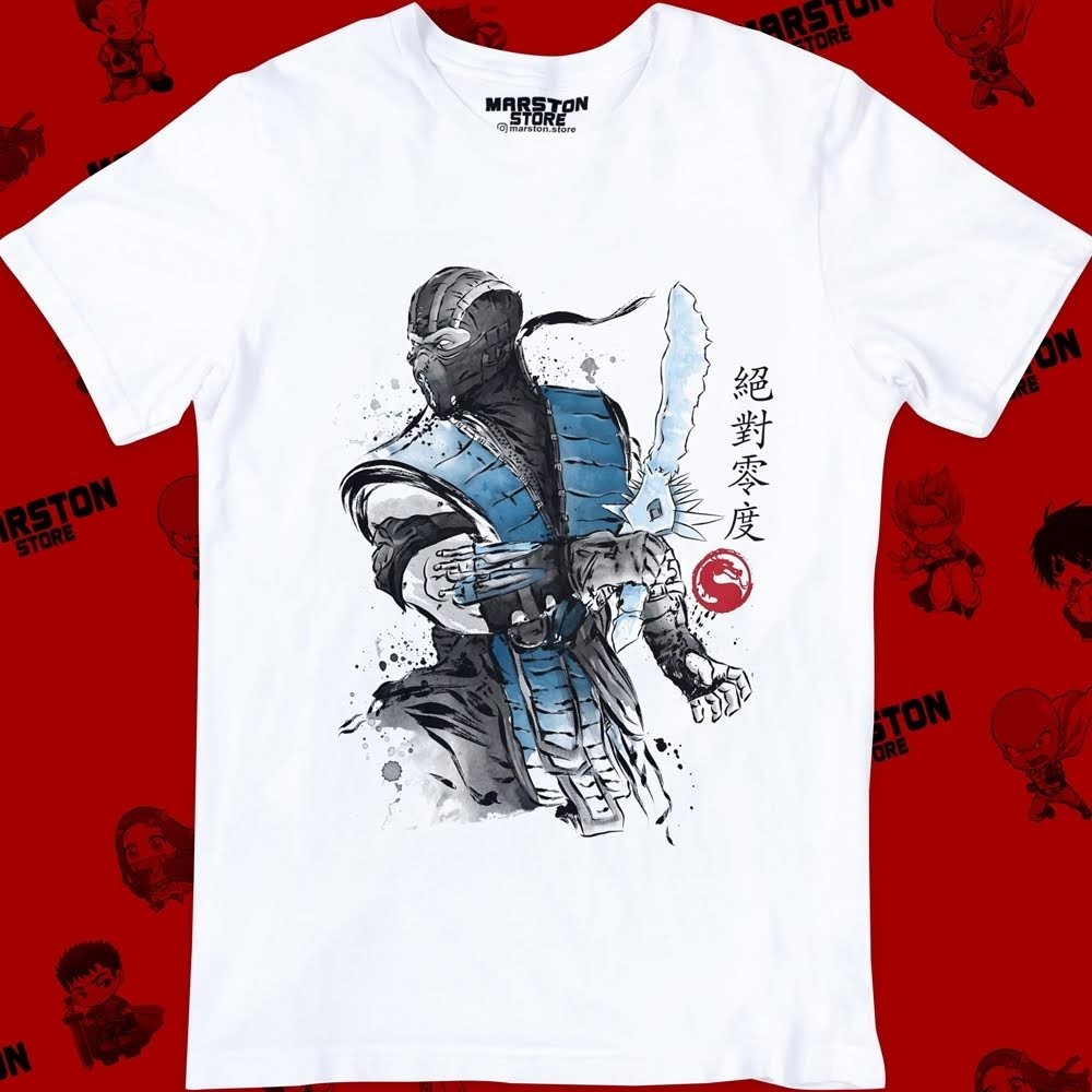 Polera blanca Mortal Kombat con diseño de Sub-Zero