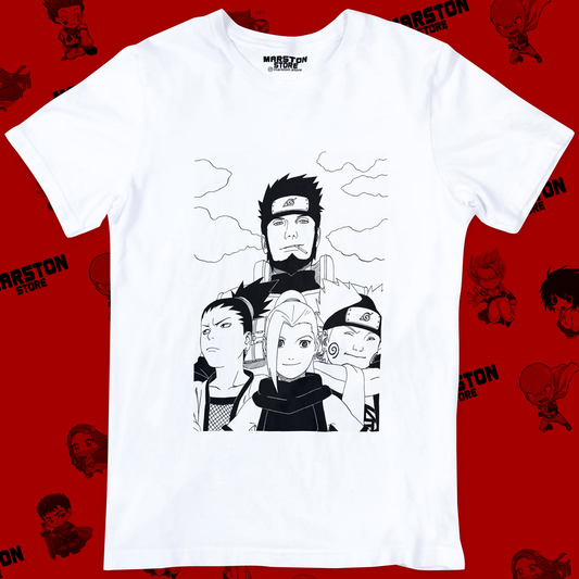 Polera blanca Naruto con Choji Akimichi, Ino Yamanaka y Shikamaru Nara