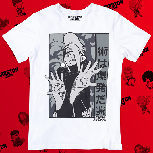 Polera blanca Naruto con diseño de Deidara