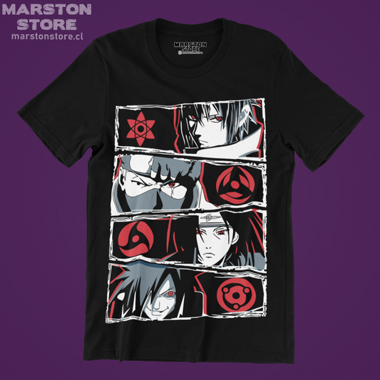 Polera negra Naruto con Kakashi Hatake, Sasuke Uchiha, Itachi Uchiha y Madara Uchiha