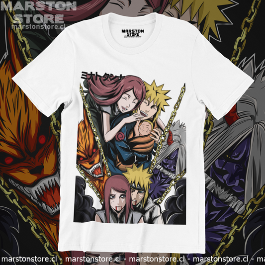 Polera blanca Naruto con Minato Namikaze y Kushina Uzumaki