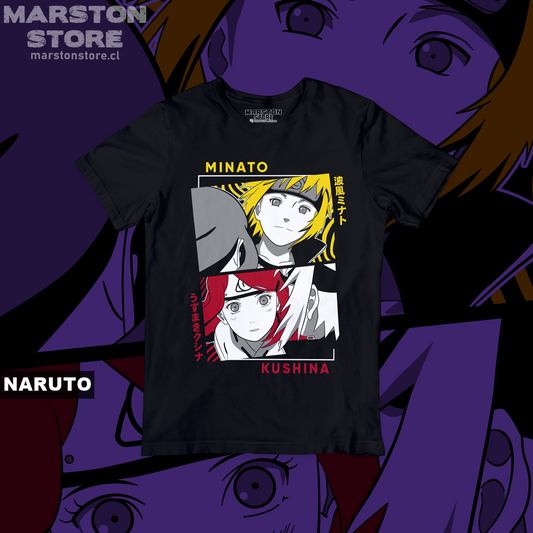 Polera negra Naruto con Minato Namikaze y Kushina Uzumaki