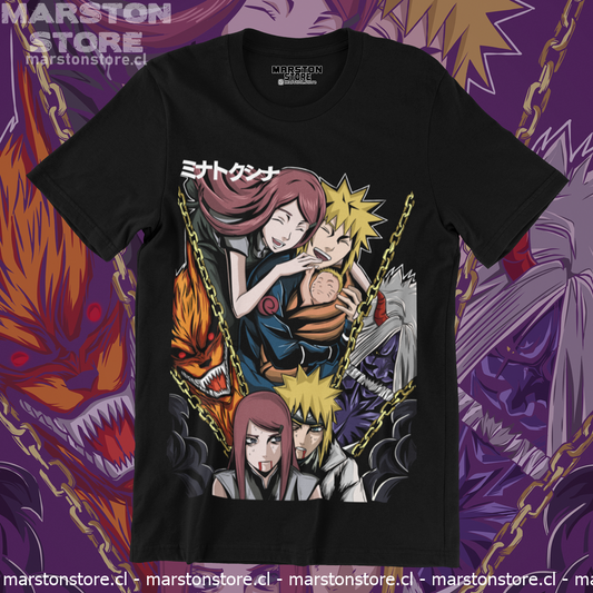 Polera negra Naruto con Minato Namikaze y Kushina Uzumaki