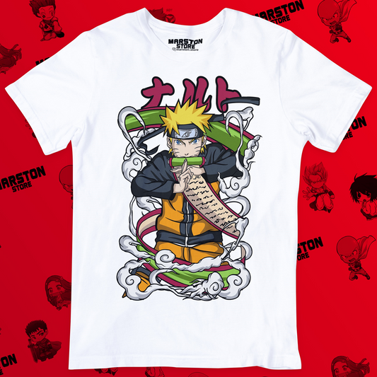 Polera blanca Naruto con diseño de Naruto Uzumaki