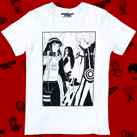 Polera blanca Naruto con Naruto Uzumaki y Hinata Hyuga