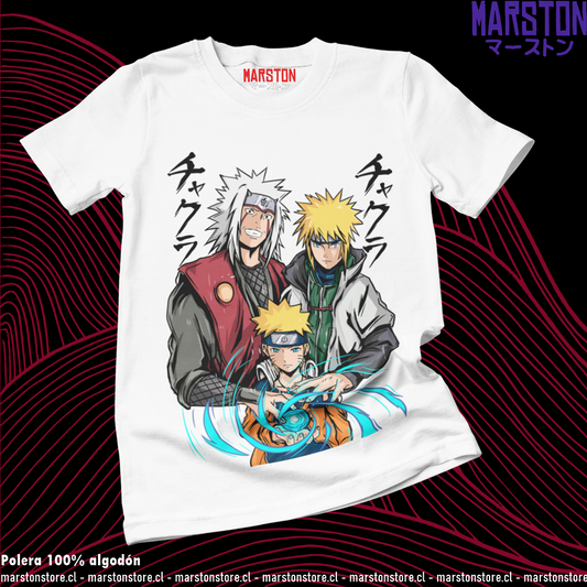 Polera blanca Naruto con Naruto Uzumaki, Jiraiya y Minato Namikaze