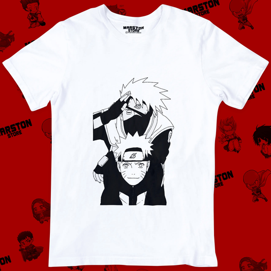 Polera blanca Naruto con Naruto Uzumaki y Kakashi Hatake