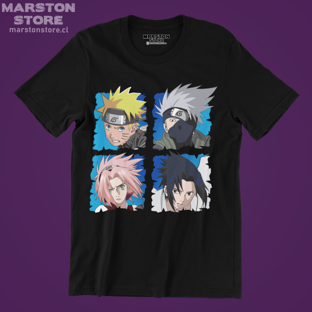 Polera negra Naruto con Naruto Uzumaki, Kakashi Hatake, Sasuke Uchiha y Sakura Haruno